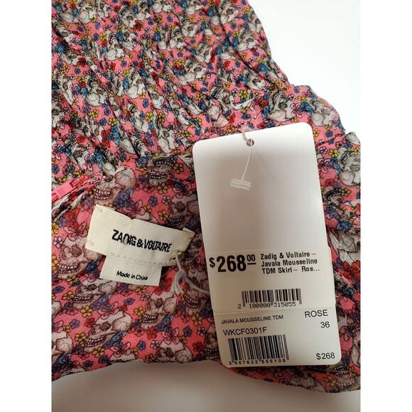 Zadig & Voltaire Javal Mousseline TDM Skirt Rose 36/SM Sugar Skulls Print NWT - Picture 12 of 15
